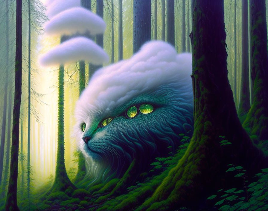 Ethereal cat camouflaged in misty green forest