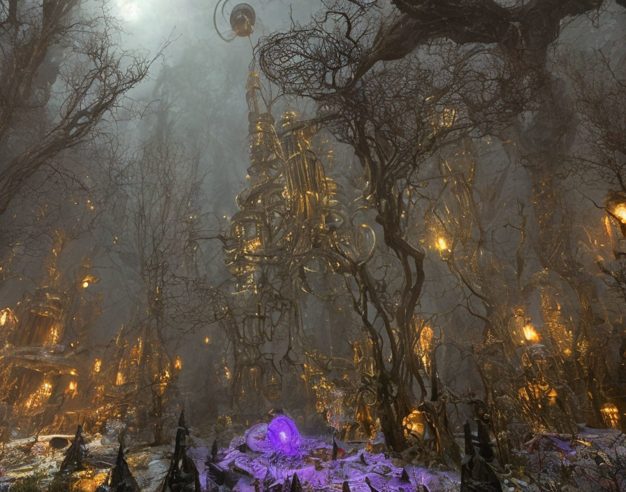 Enchanted forest with oversized chandelier, glowing lanterns, and purple crystal