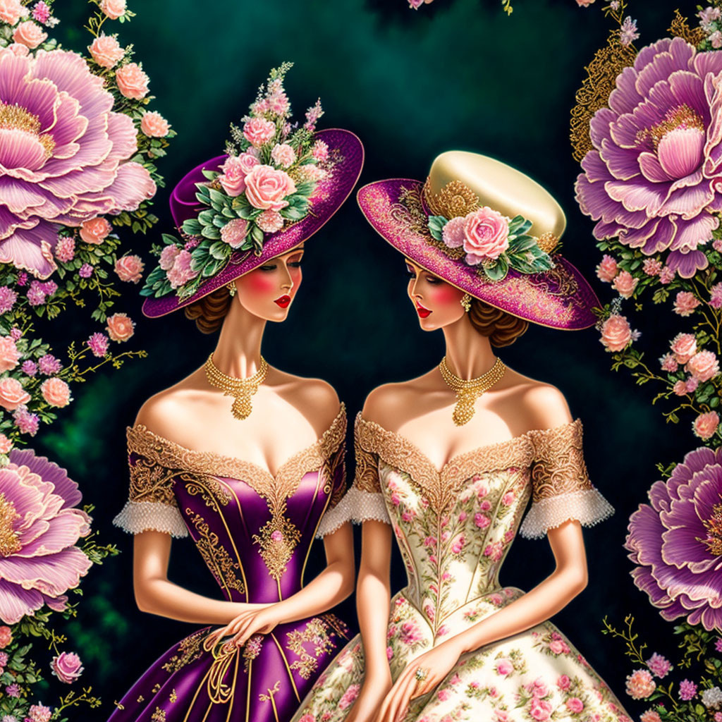 Vintage dresses and floral hats: Two elegant ladies in front of large purple flowers