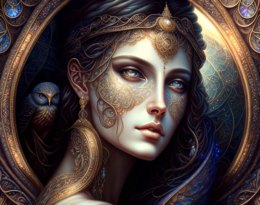 Detailed digital portrait of woman with gold filigree jewelry and mystical owl