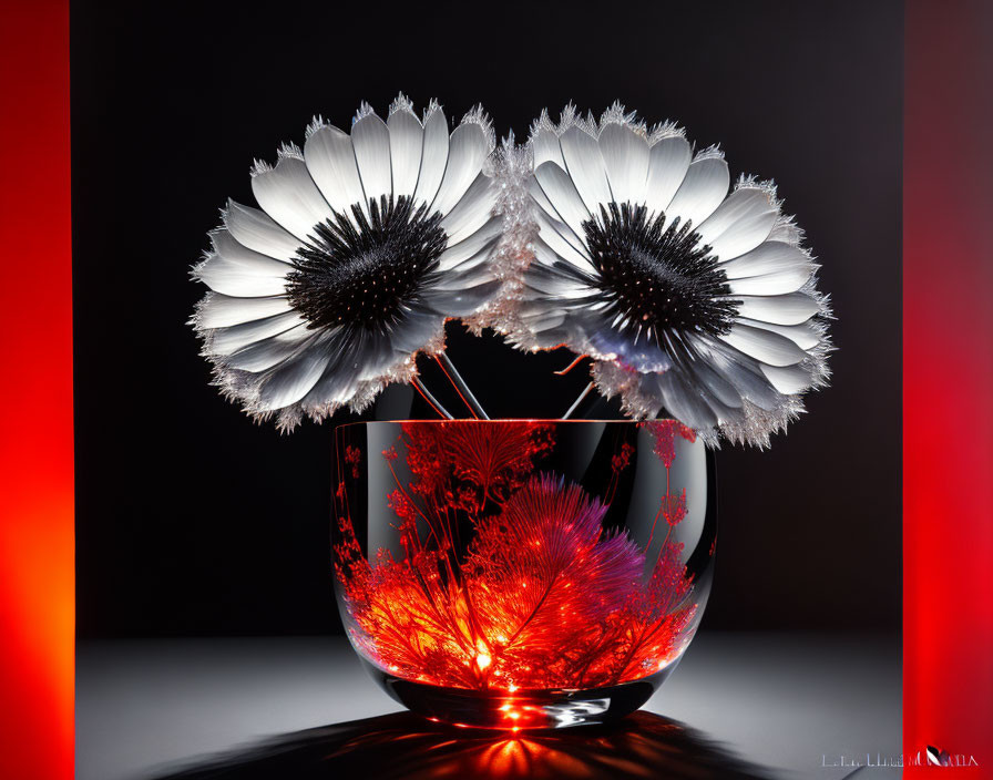 White daisies with black centers in clear vase under warm red light