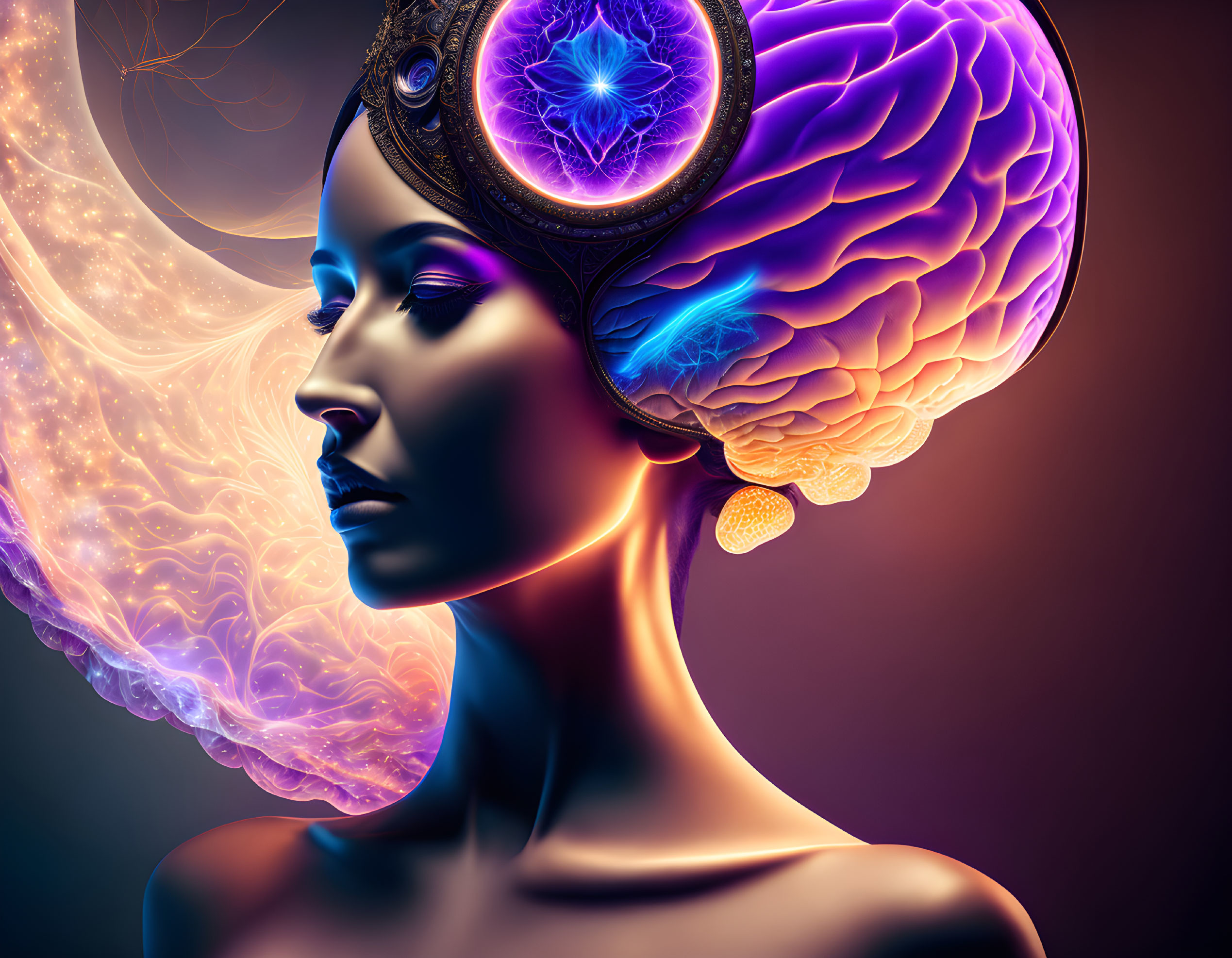 Surreal digital artwork: Woman's profile with glowing brain and cosmic motifs