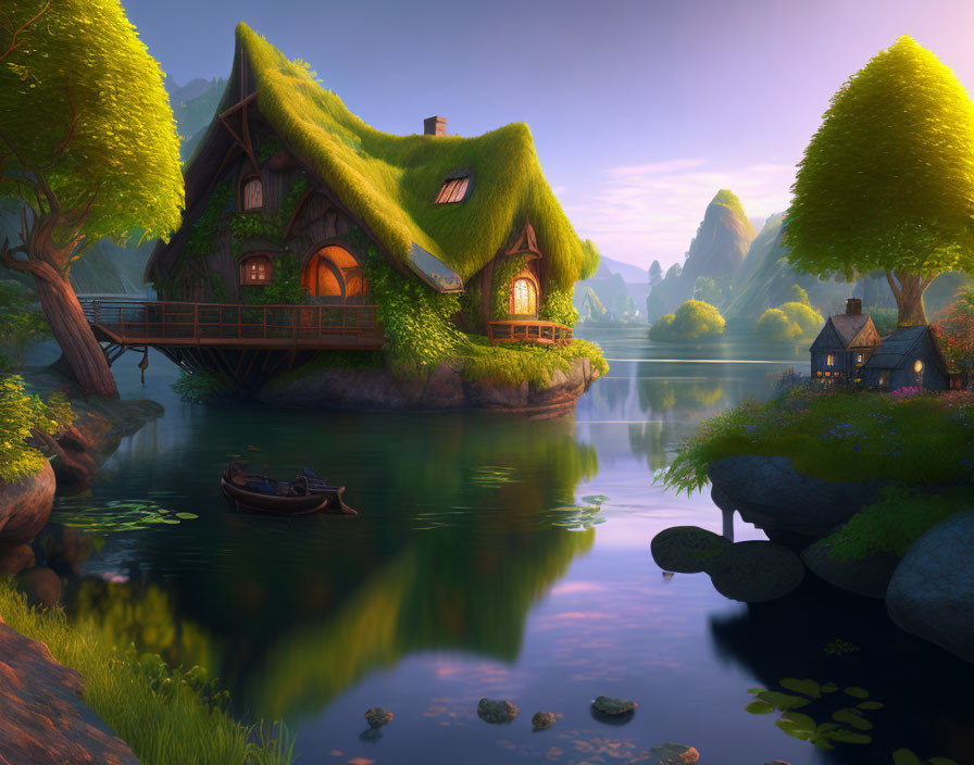 Tranquil fantasy landscape with thatched cottage, lake, rowboat, and golden sky