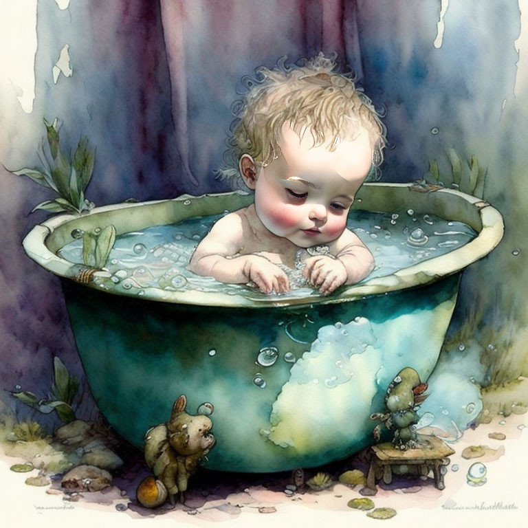 Baby Bath Time Illustration in Dreamy Watercolor Style