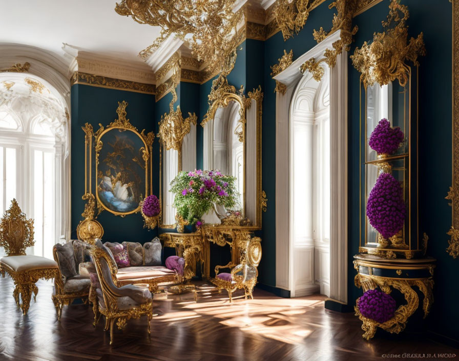 Luxurious Baroque-style room with gold ornamentation, chandeliers, and elegant furniture