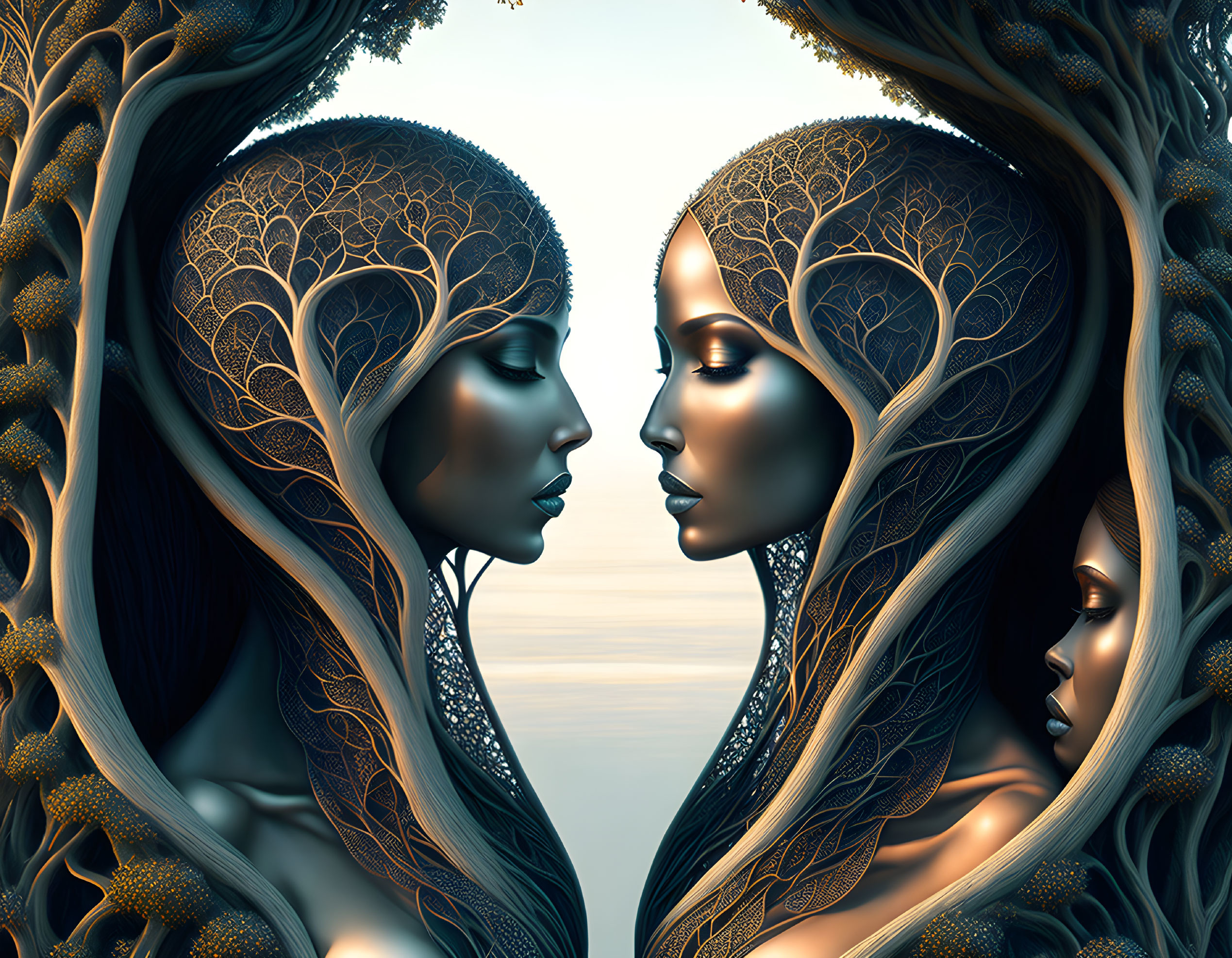 Stylized profile faces with tree-like hair designs on serene backdrop