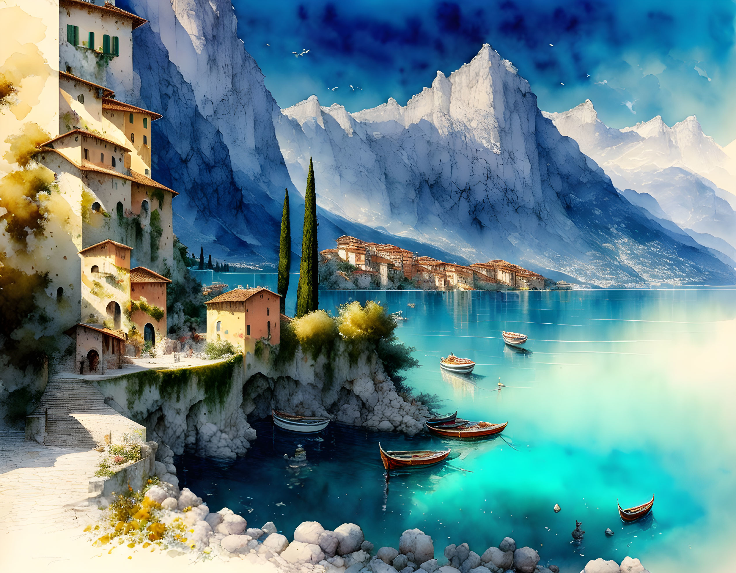 Tranquil lakeside view with houses, boats, stone path, and snowy mountains.