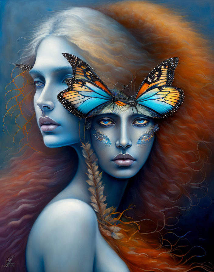 Vibrant digital art: woman with blue skin, orange hair, butterfly resting on forehead