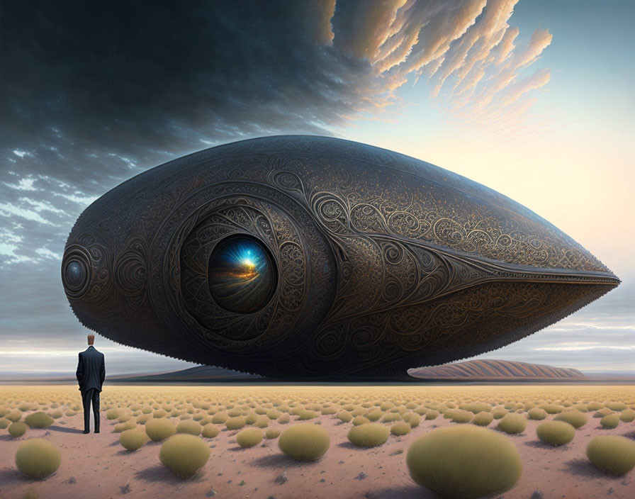 Massive ornate whale-like airship in desert landscape under dramatic sky