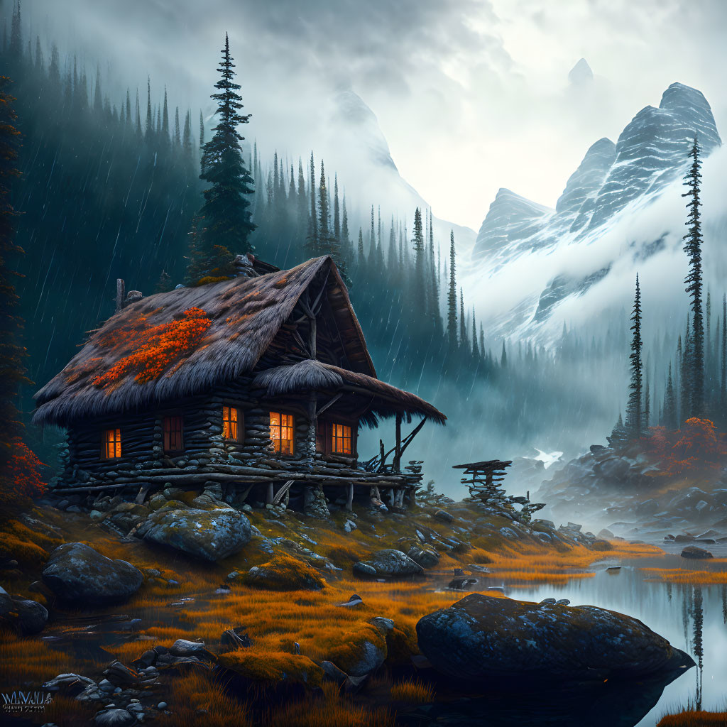 Snowy mountains, river, cabin in misty landscape