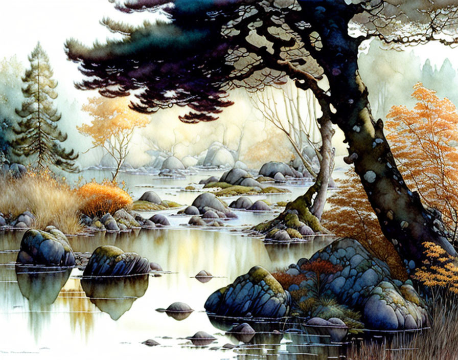 Tranquil landscape painting: serene lake, autumnal trees, misty sky