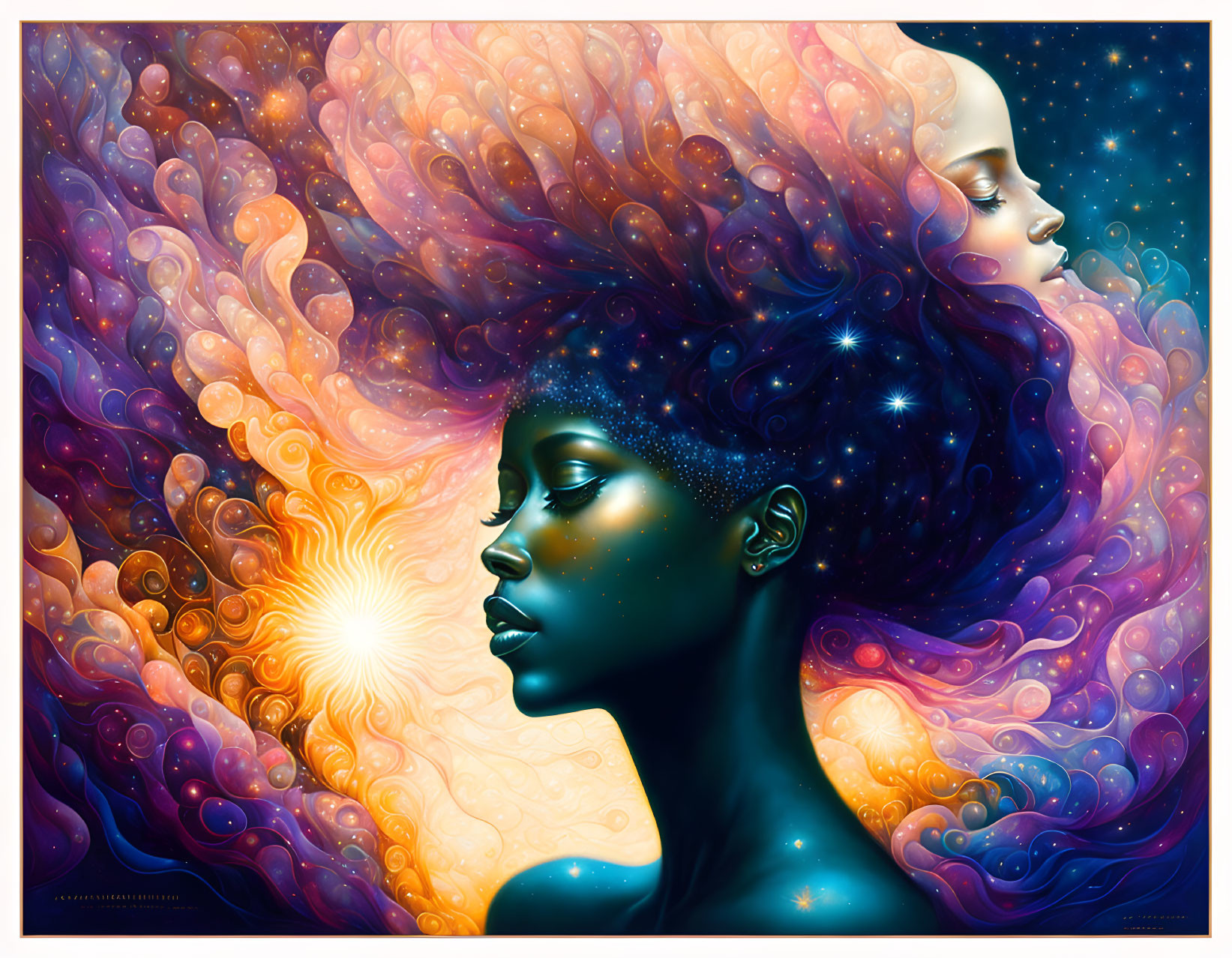 Colorful artwork: Two women with cosmic hair merging into starry nebula