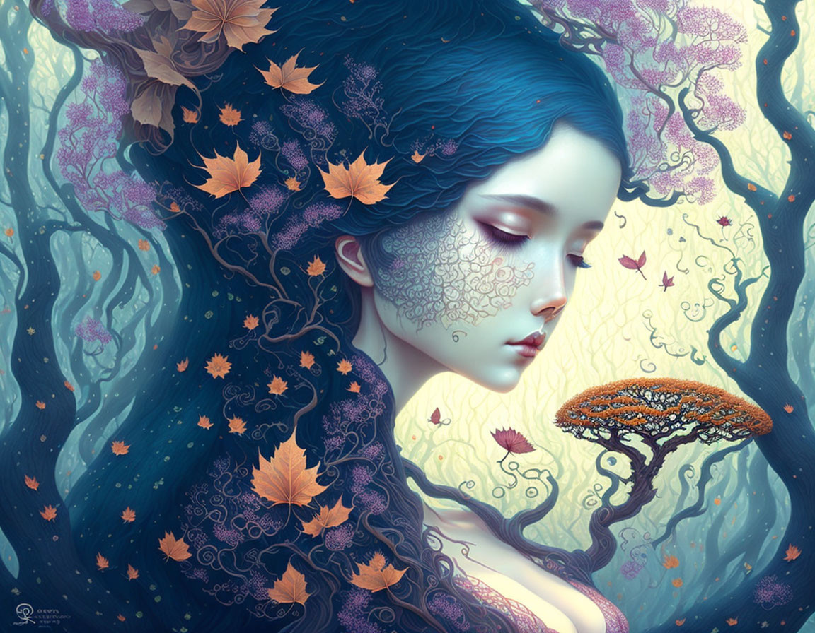 Ethereal artwork: Woman with blue hair, autumn leaves, intricate patterns, and tree headdress