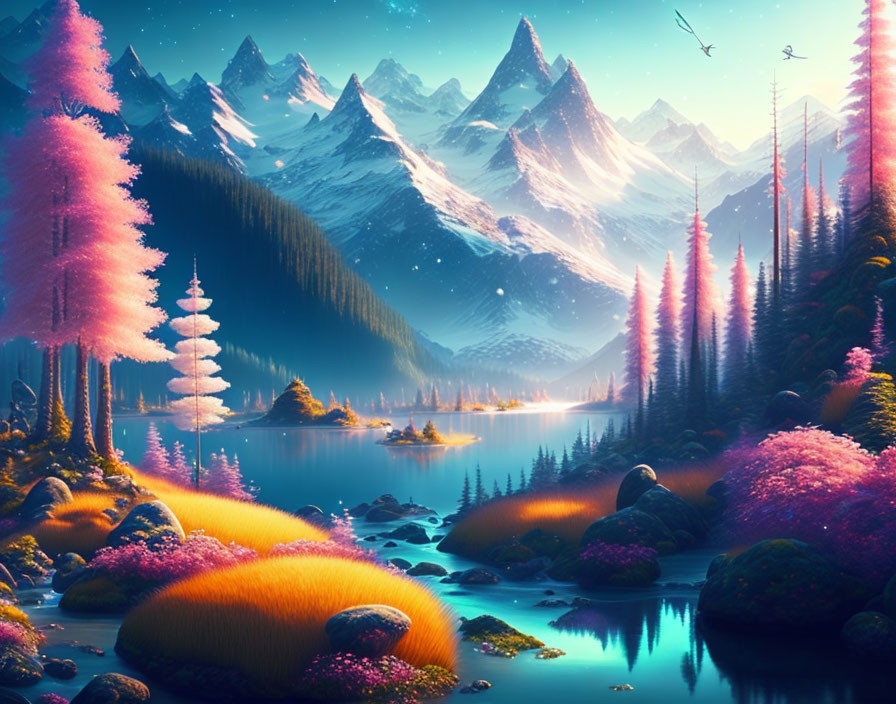 Fantasy landscape with pink foliage, mountains, lake, and colorful sky