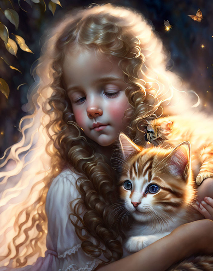 Young girl with curly hair holding kittens in a serene setting.