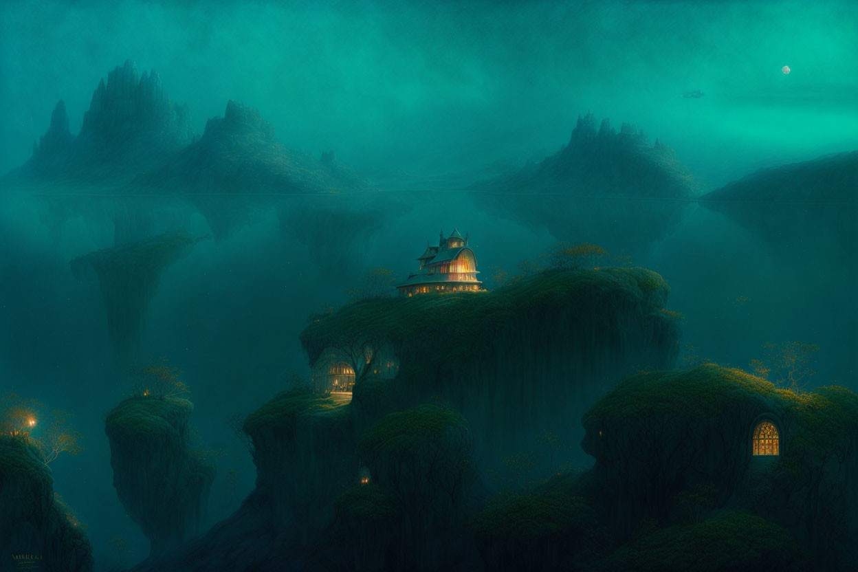 Glowing structures on mystical floating islands in ethereal green ambiance