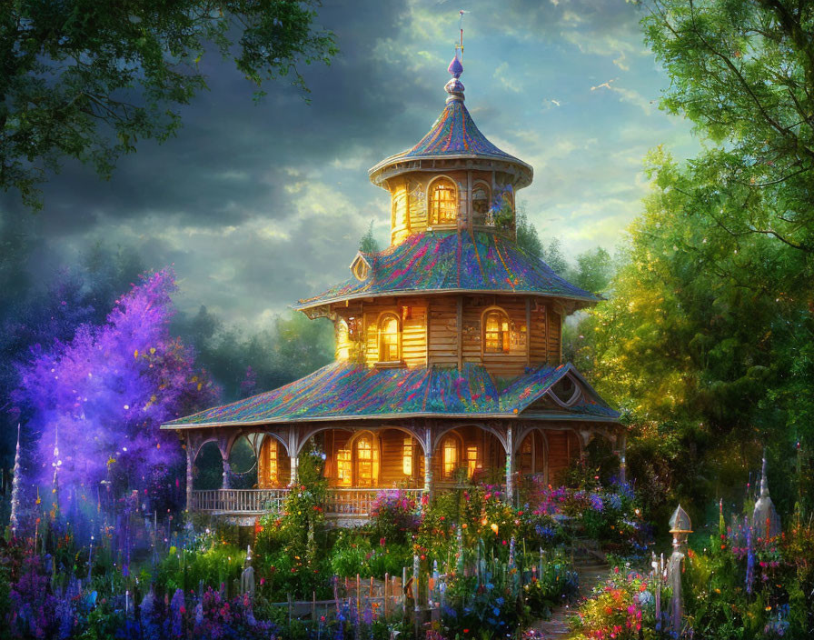 Whimsical wooden house with turret in colorful garden at twilight