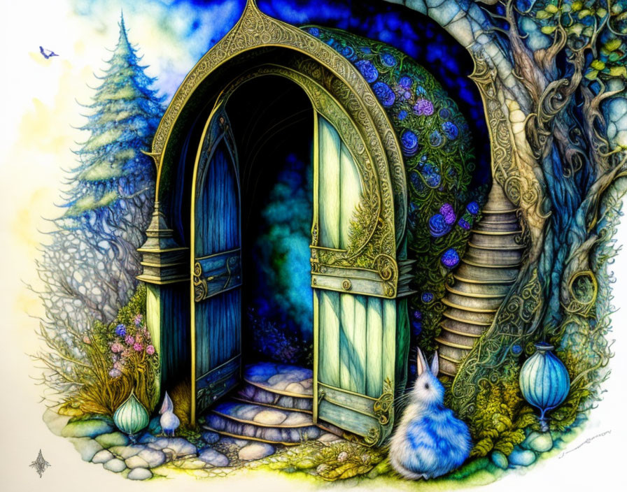 Illustration of open arched doorway in tree trunk with blue rabbit and floral vines