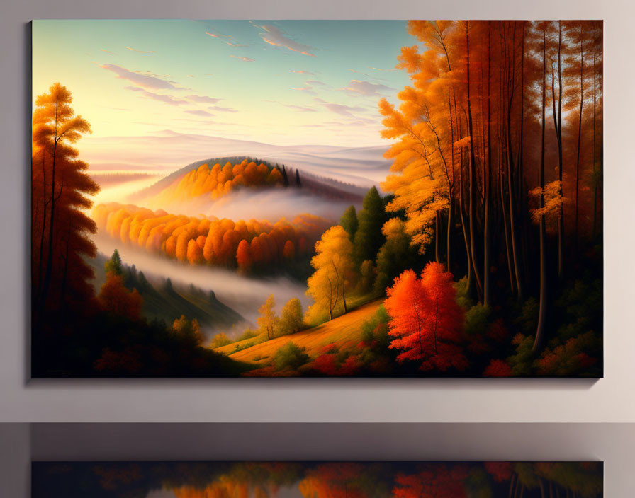 Autumn landscape painting with rolling hills and vibrant trees