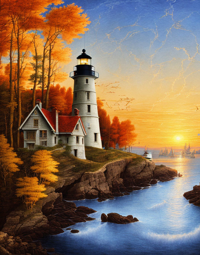 Scenic autumn lighthouse on rocky cliff with sunset and sailing ships