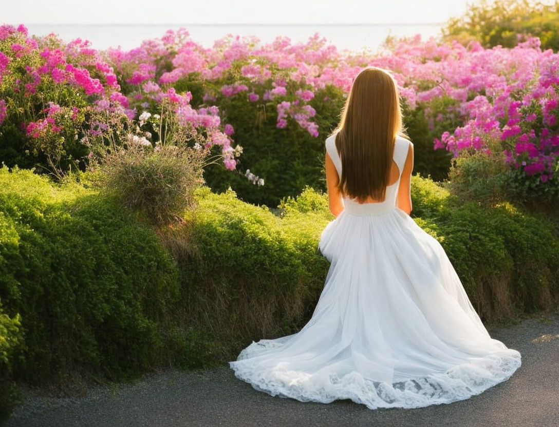 Woman in white dress overlooking pink flowers and sunset path