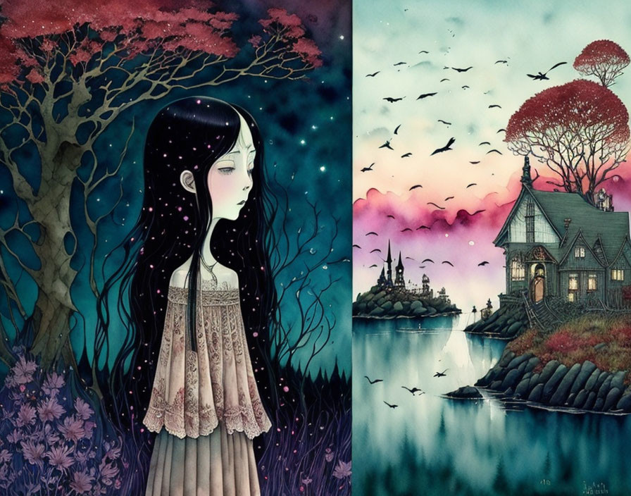 Stylized illustrations: girl in crimson trees, serene house by lake with birds