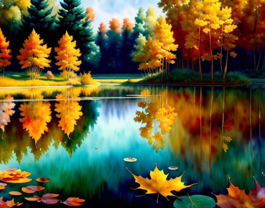 Colorful autumn trees reflecting on serene lake with floating leaves