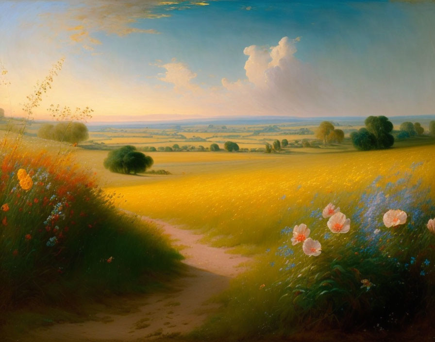 Tranquil landscape painting with meandering path and blooming flowers