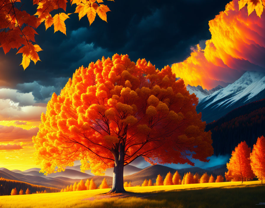 Colorful autumn scene with orange tree, mountains, and sunset sky