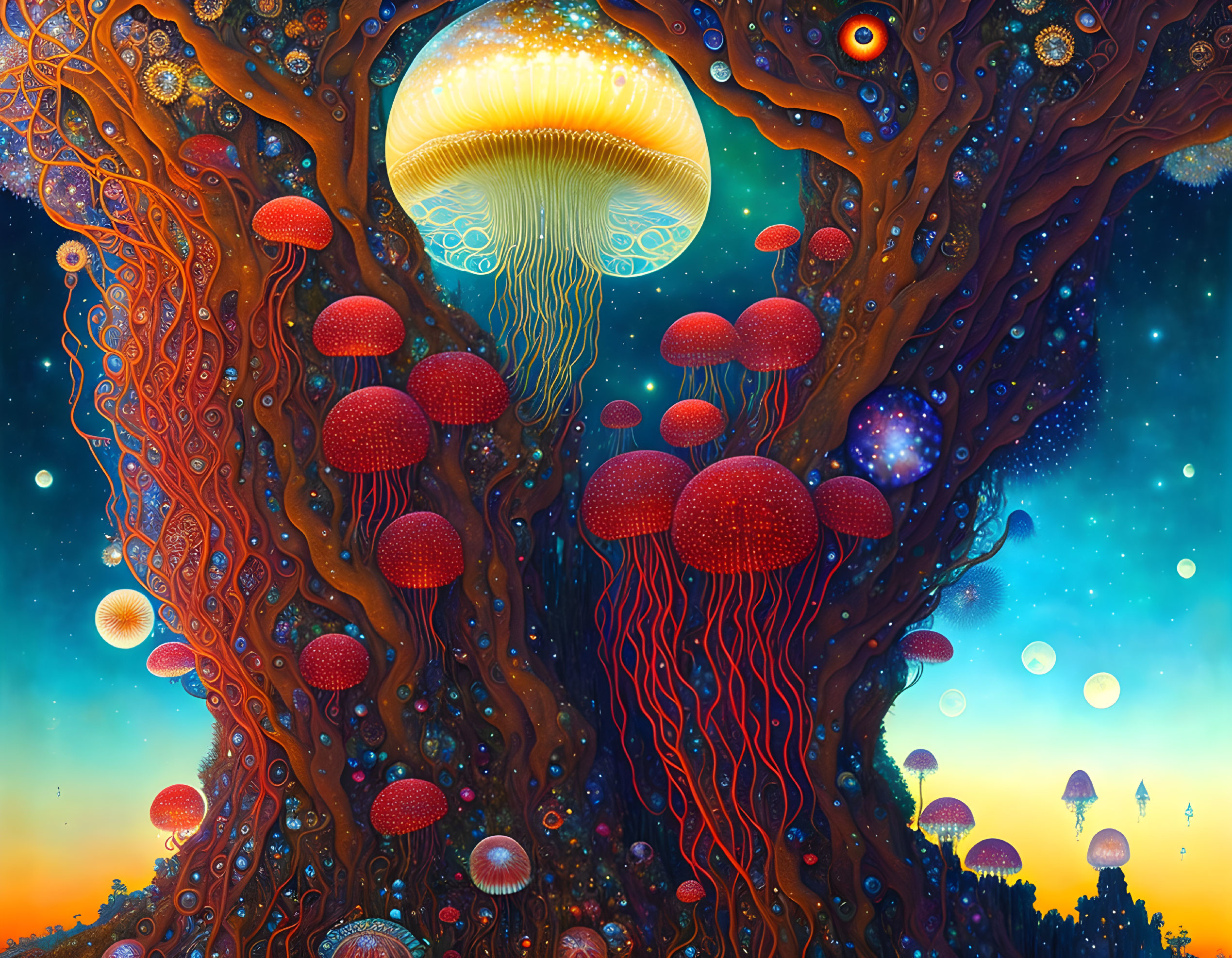 Colorful Tree Illustration with Jellyfish Mushrooms and Cosmic Elements