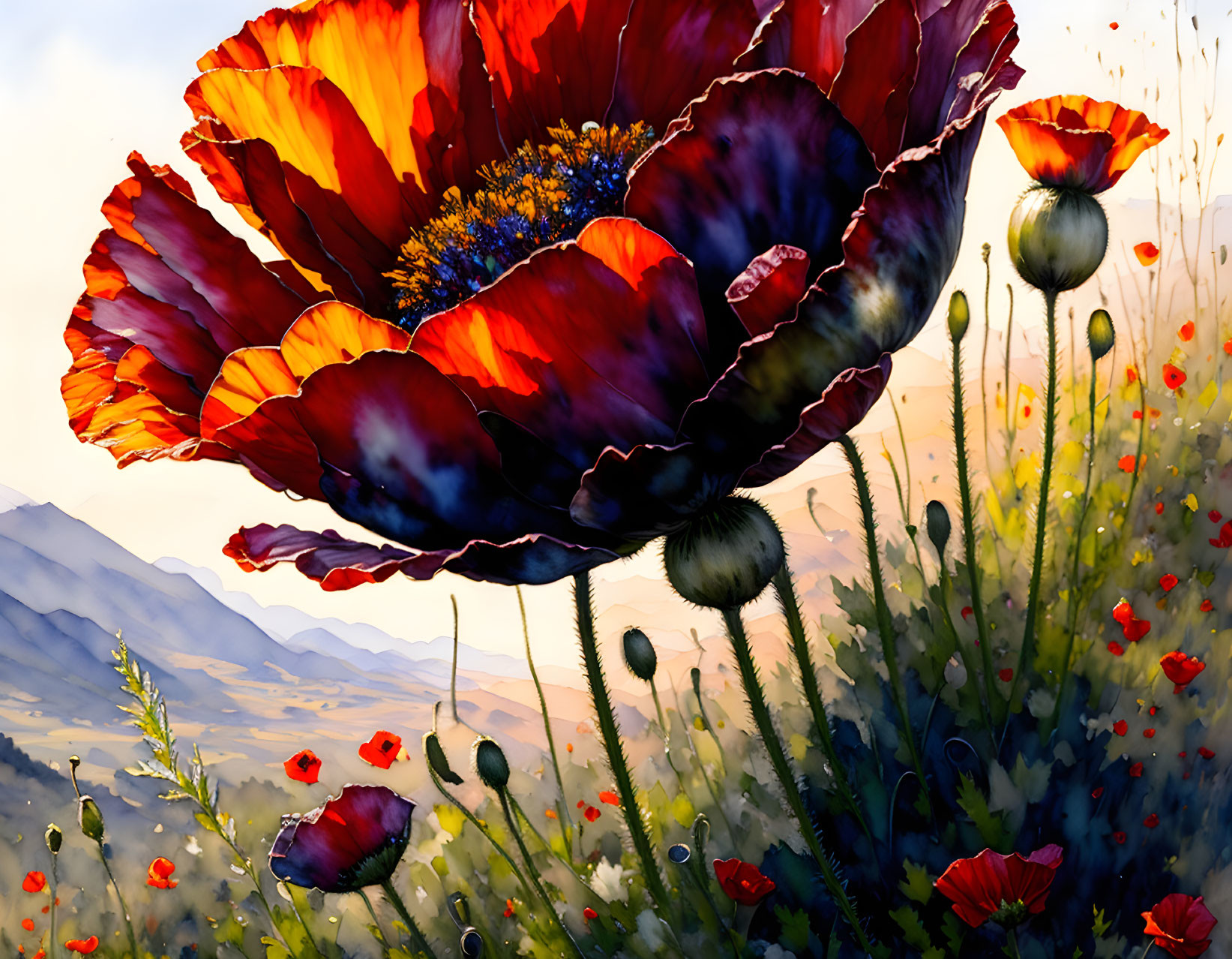 Large Red Poppy Painting on Hilly Landscape with Scattered Flowers