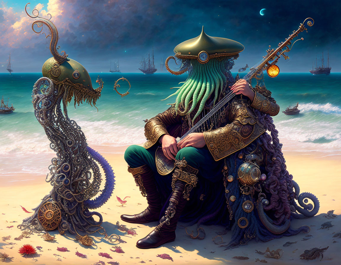 Steampunk octopus creatures playing guitar on the beach