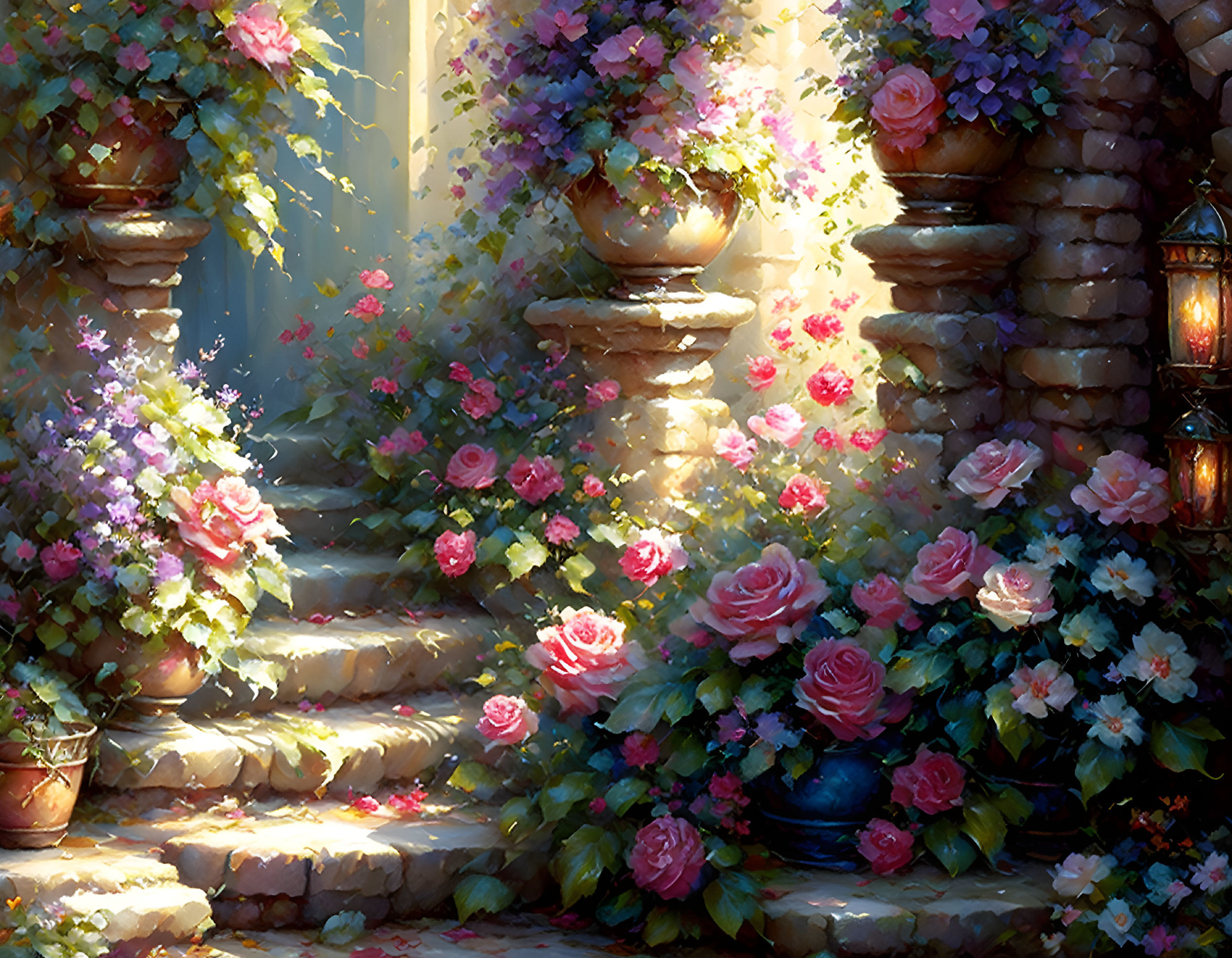 Flower-adorned stone steps with hanging lanterns in sunlight