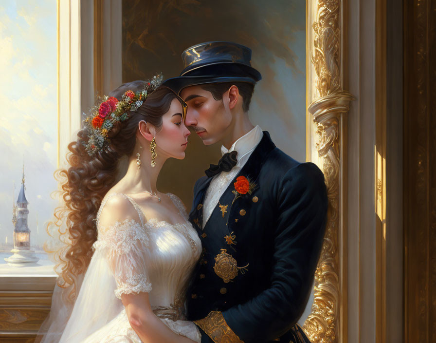 Romantic painting of bride and groom in intimate moment