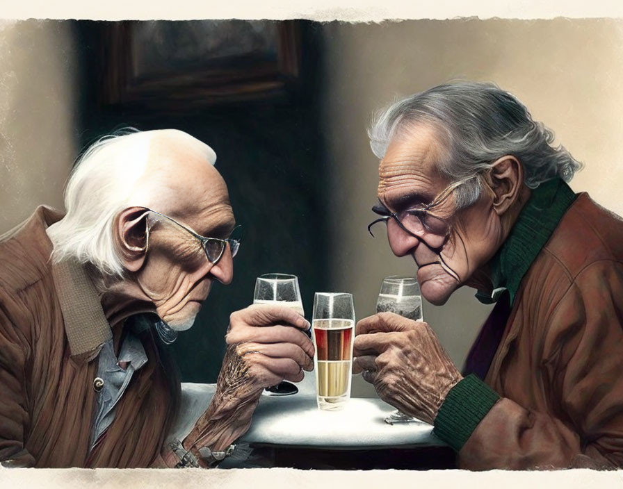 Elderly men with glasses toast beer in camaraderie