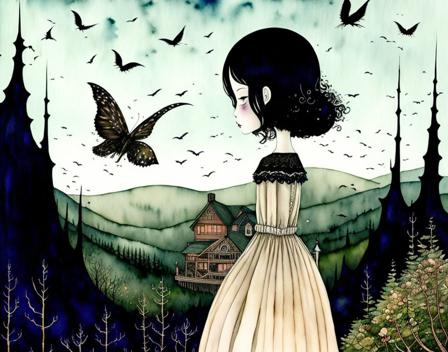 Young girl in vintage dress gazes at butterfly in woodland cabin scene