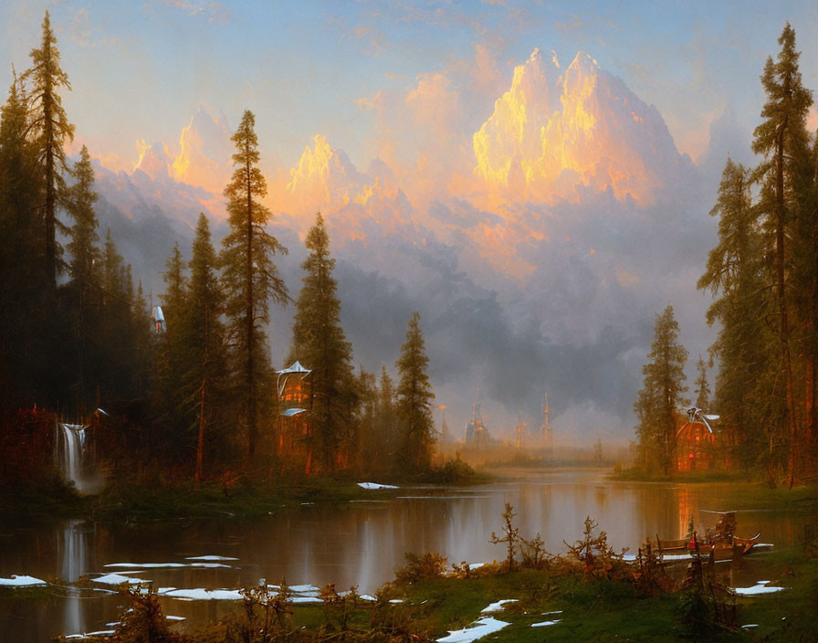 Serene river landscape with misty mountains and trees