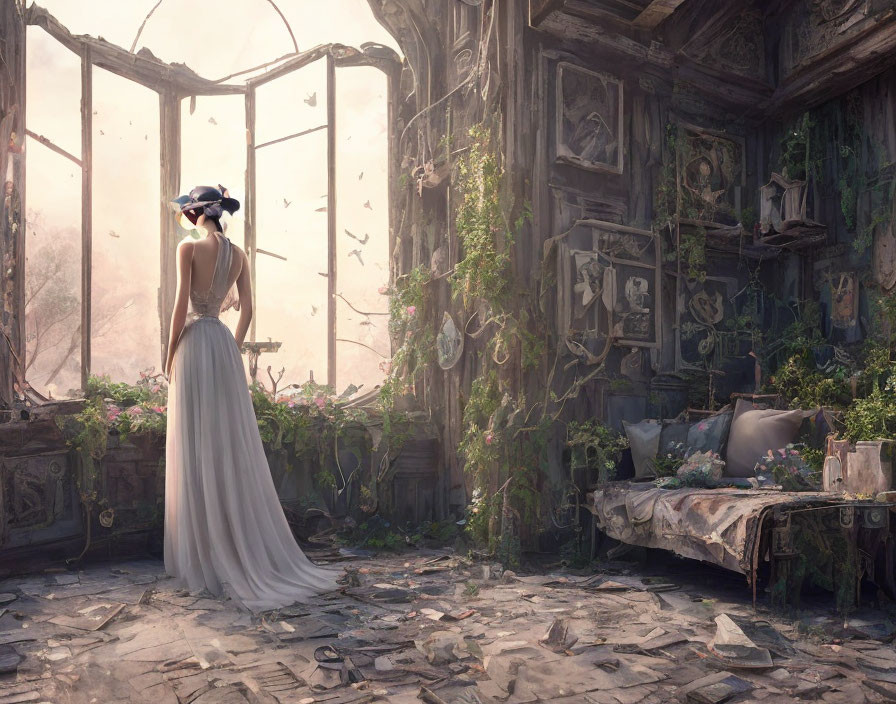 Woman in White Dress Standing in Overgrown Room with Birds and Vintage Furniture