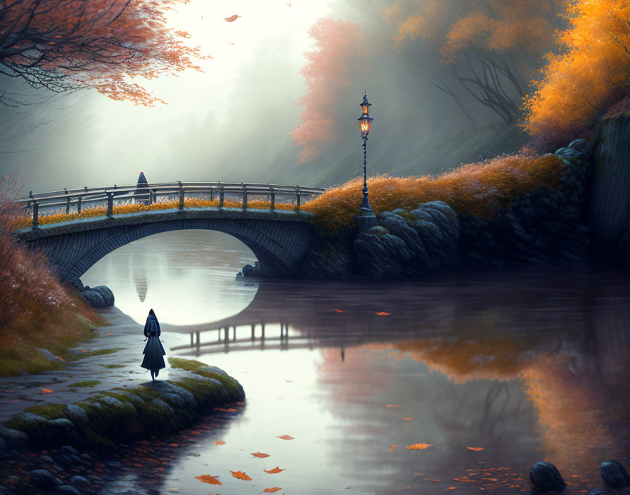 Solitary figure in black crossing stone bridge over calm river amid fall foliage and misty ambiance