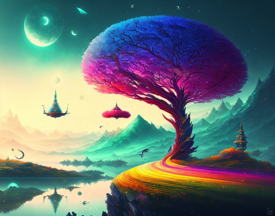 Colorful fantasy landscape with twisting tree, floating islands, reflective lake, mountains, crescent moon.