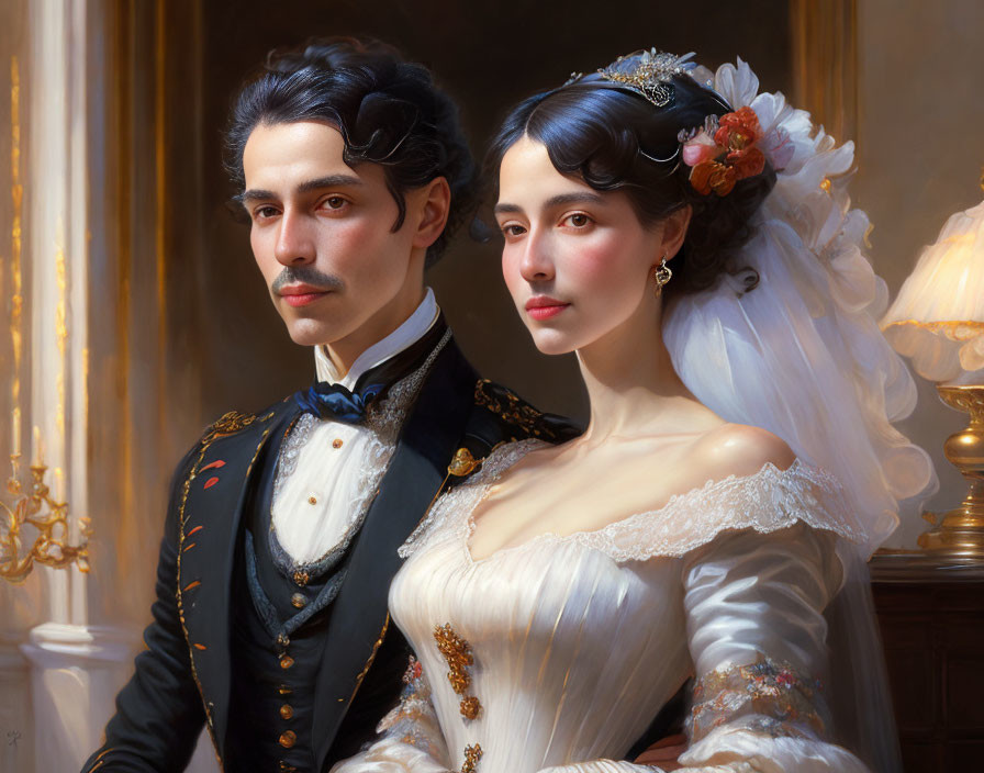 Portrait of couple in 19th-century wedding attire