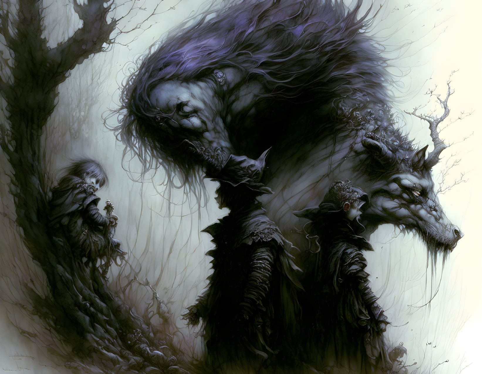 Dark Fantasy Art: Glowing-eyed Wolf Creature in Misty Forest