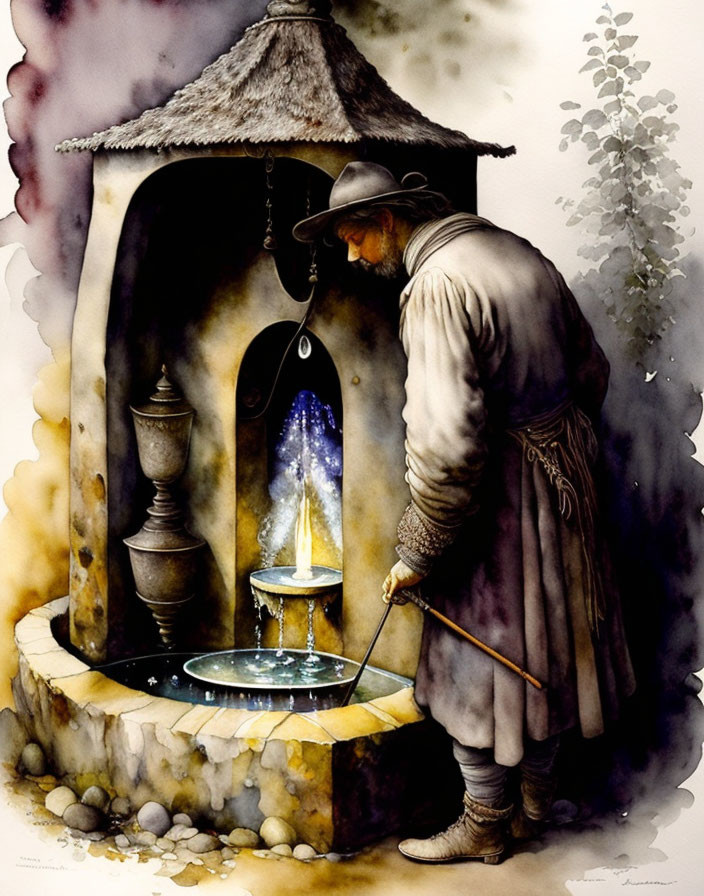 Medieval-themed painting with person drawing water from ornate well and glowing crystal.