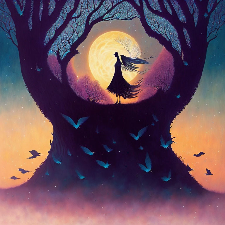 Silhouetted figure under heart-shaped tree with birds and full moon in twilight scene.