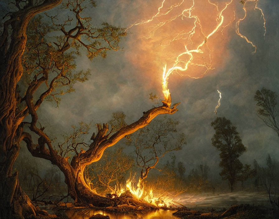 Lightning-struck tree in eerie forest under stormy sky