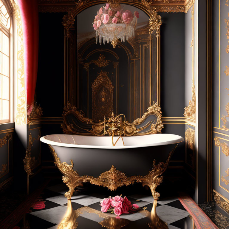 Luxurious Black and Gold Bathroom with Claw-Foot Bathtub and Ornate Details