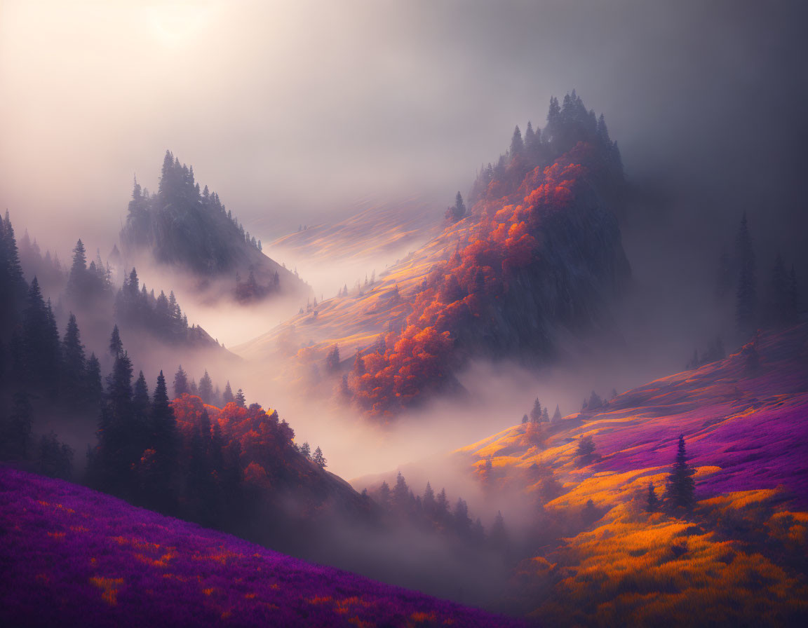 Ethereal autumn landscape with misty trees and purple flora