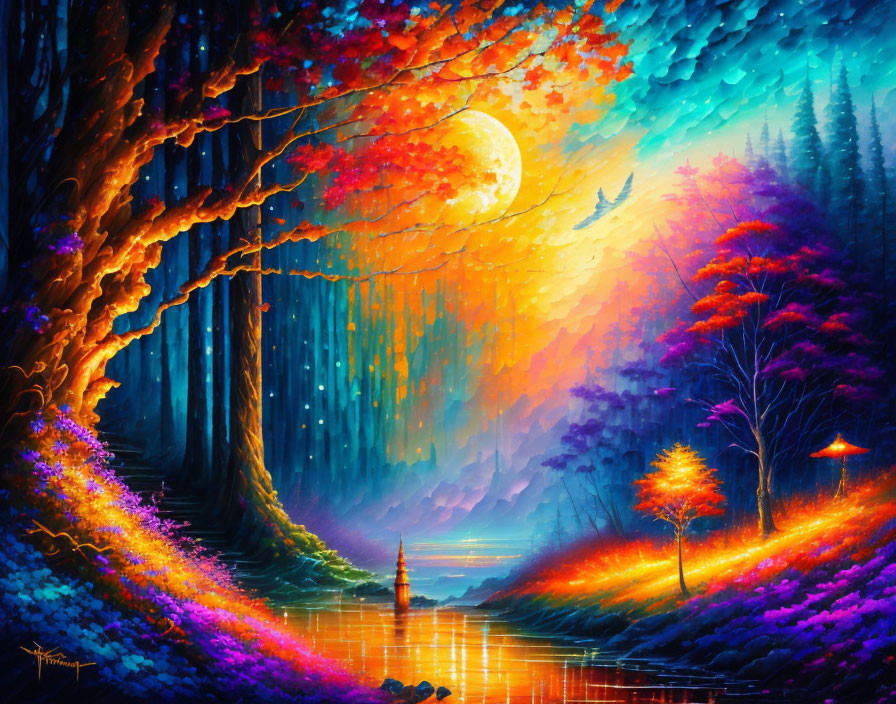 Mystical forest painting with colorful foliage under full moon