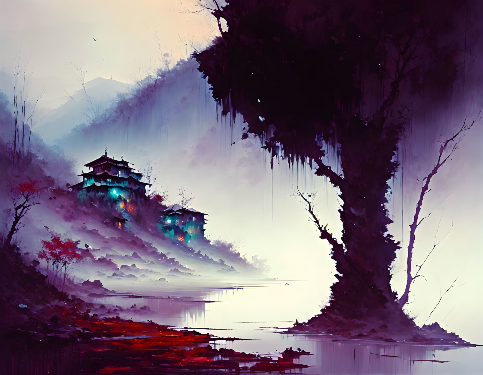 Mystical Asian-style buildings in foggy forest near serene water