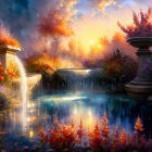 Tranquil landscape with cascading waterfalls and colorful flora